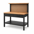 Banco da lavoro 120 × 60 × 150 cm in acciaio nero e legno, con 2 cassetti, pannello portautensili e 2 ripiani