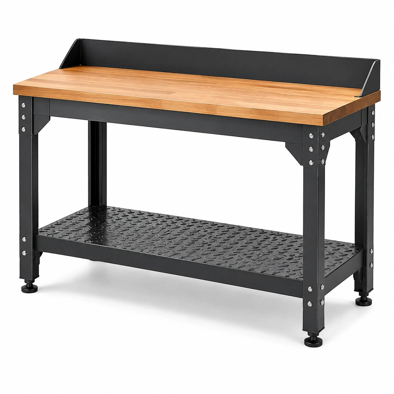 Banco da lavoro industriale 120 × 60 × 95 cm in legno naturale e metallo nero con ripiano inferiore