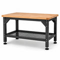 Banco da lavoro in legno massello e acciaio nero, 120 × 60 × 85 cm, con ripiano inferiore