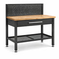 Banco da lavoro in acciaio nero e legno naturale 120 × 60 × 150 cm con cassetto, pannello portautensili e ripiano