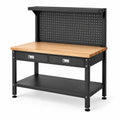 Banco da lavoro 120 × 60 × 150 cm in acciaio nero e legno naturale con pannello portautensili, 2 cassetti e 2 ripiani