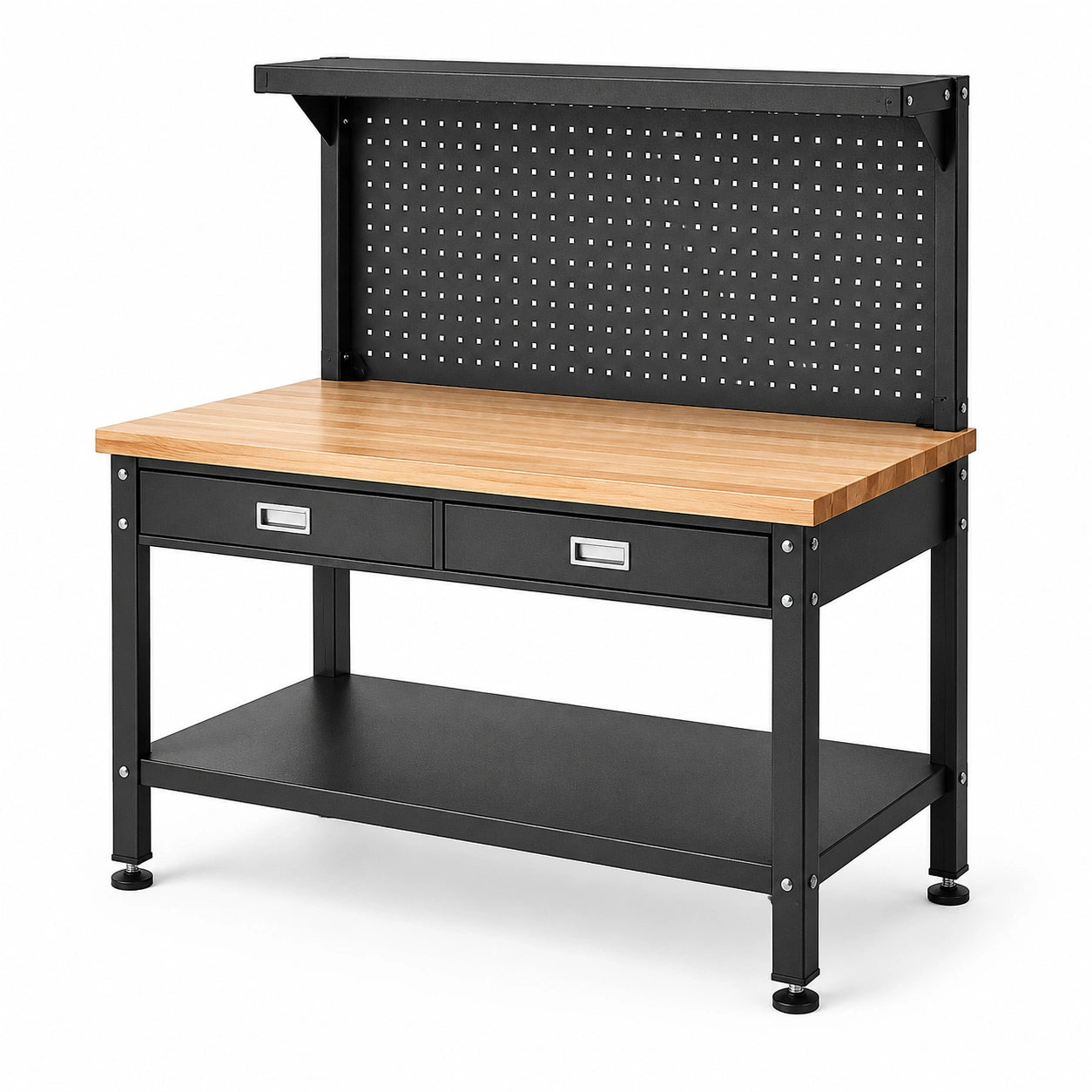 Banco da lavoro 120 × 60 × 150 cm in acciaio nero e legno naturale con pannello portautensili, 2 cassetti e 2 ripiani
