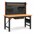 Banco da lavoro nero e arancione con piano in legno naturale, pannello portautensili e cassetto, 120 × 60 × 155 cm