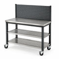Banco da lavoro mobile 120 × 60 × 150 cm in acciaio nero e argento con 2 ripiani e pannello portautensili