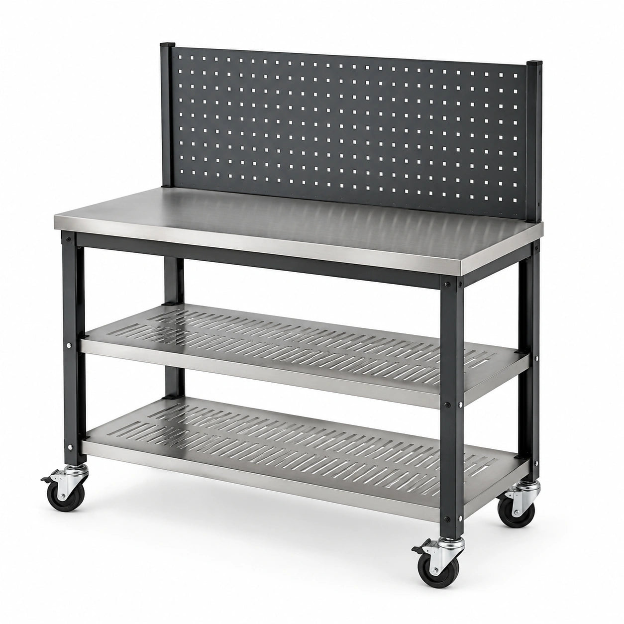 Banco da lavoro mobile 120 × 60 × 150 cm in acciaio nero e argento con 2 ripiani e pannello portautensili