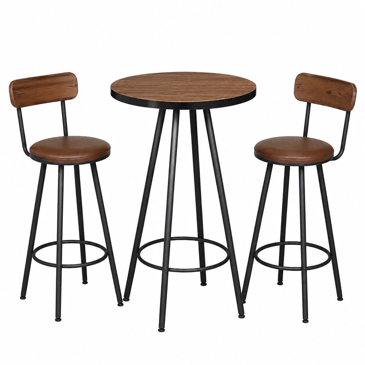 Tavolo alto rotondo Ø 80 × 90 cm con 2 sgabelli 45 × 48 × 98 cm, marrone e nero, stile industriale