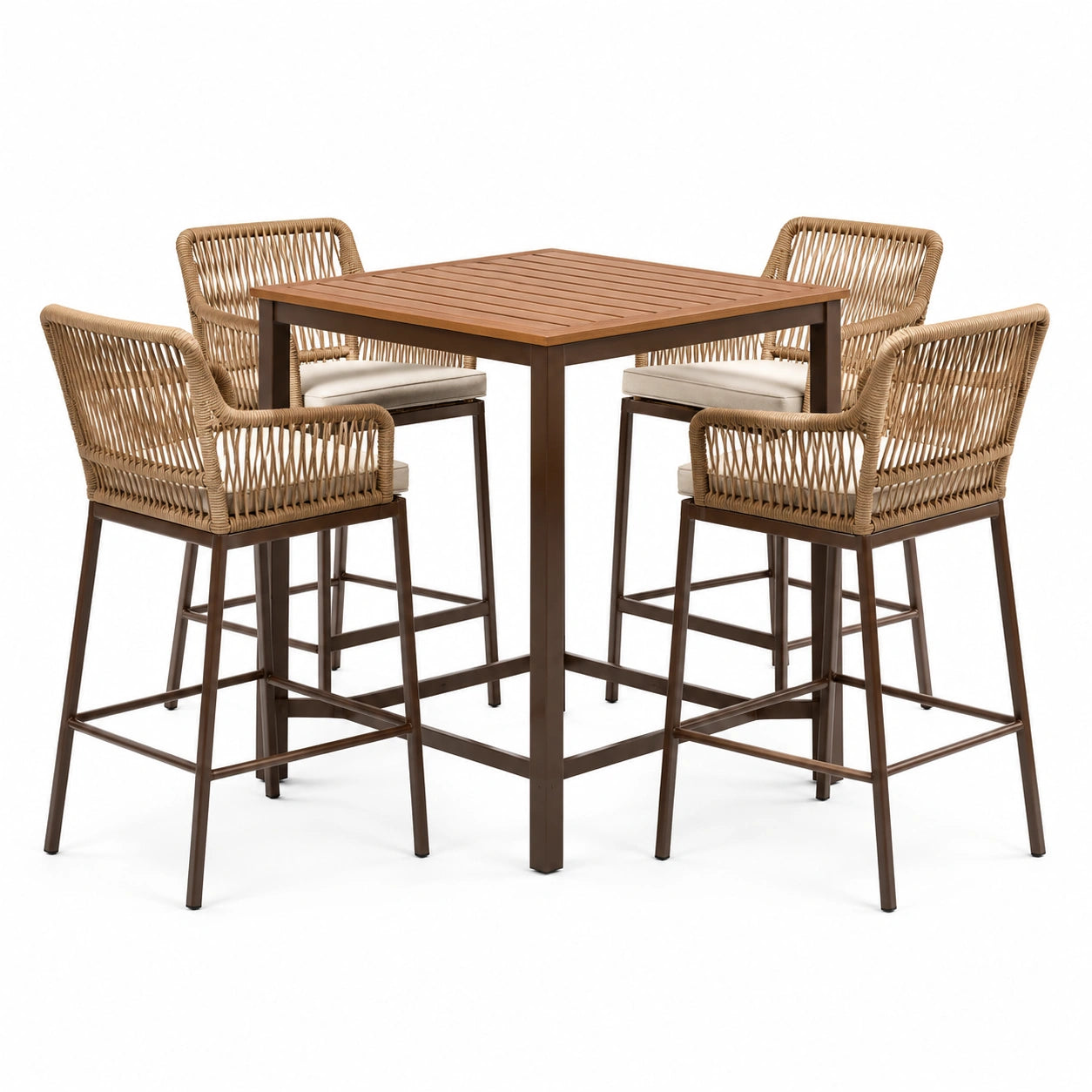 Completo da pranzo da esterno a 5 elementi marrone e beige, tavolo alto 100 × 100 × 105 cm e 4 sgabelli 60 × 58 × 110 cm