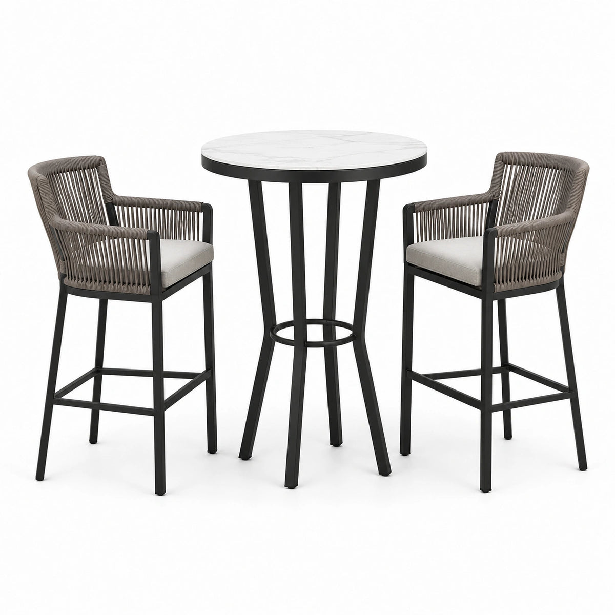 Set da esterno 3 pezzi con tavolo rotondo 80 × 105 cm e 2 sedie alte 58 × 58 × 105 cm, nero, bianco, tortora e beige