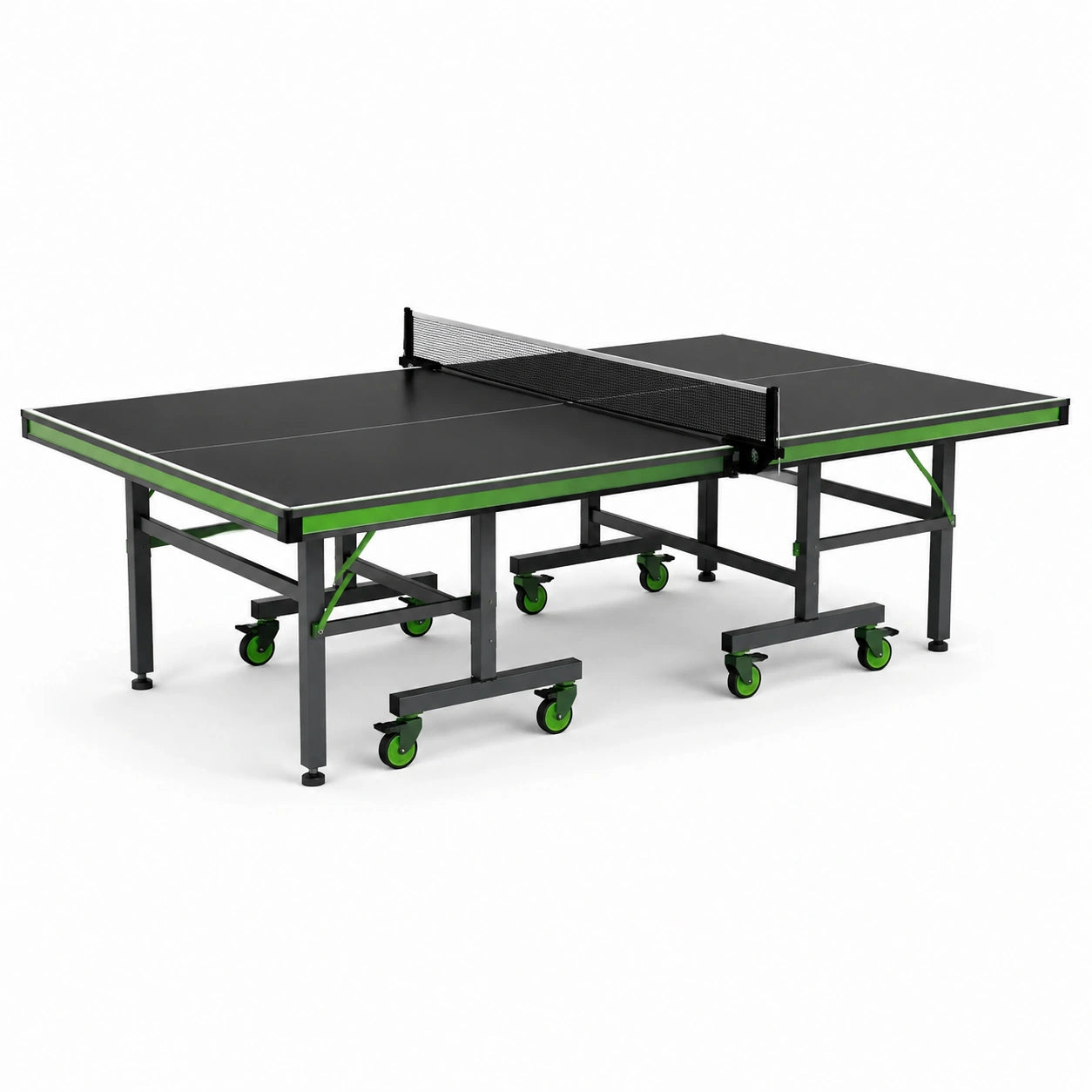 Tavolo da ping pong pieghevole per interni in MDF e acciaio, nero, verde e grigio, 274 × 152,5 × 76 cm, con rete e ruote