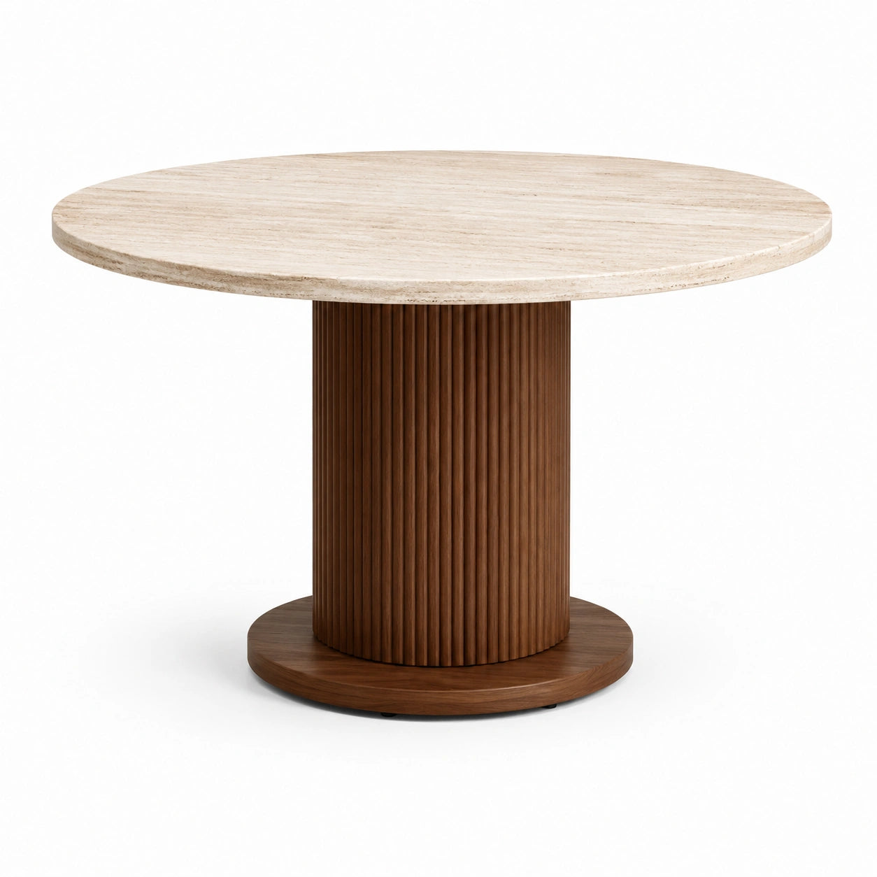 Tavolo da pranzo rotondo con piano in pietra beige e base scanalata in legno marrone, Ø 120 × H 75 cm