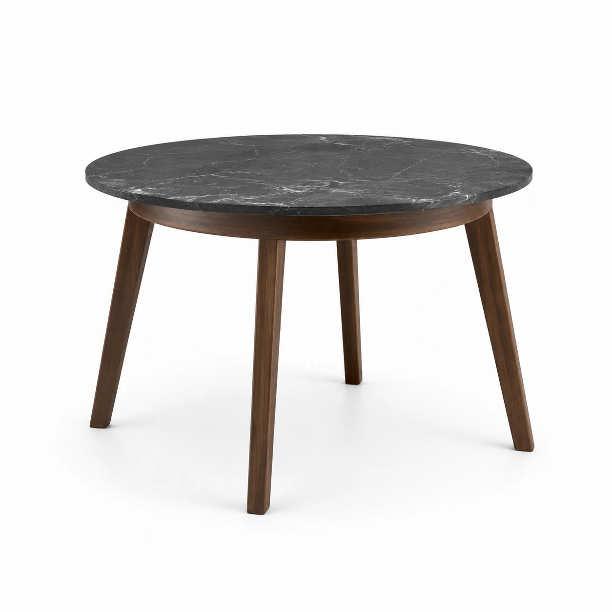 Tavolo rotondo nero e noce con piano effetto marmo, Ø 110 × H 75 cm
