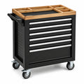 Carrello portautensili nero 77 × 46 × 92 cm con 6 cassetti, piano in bambù e 4 ruote