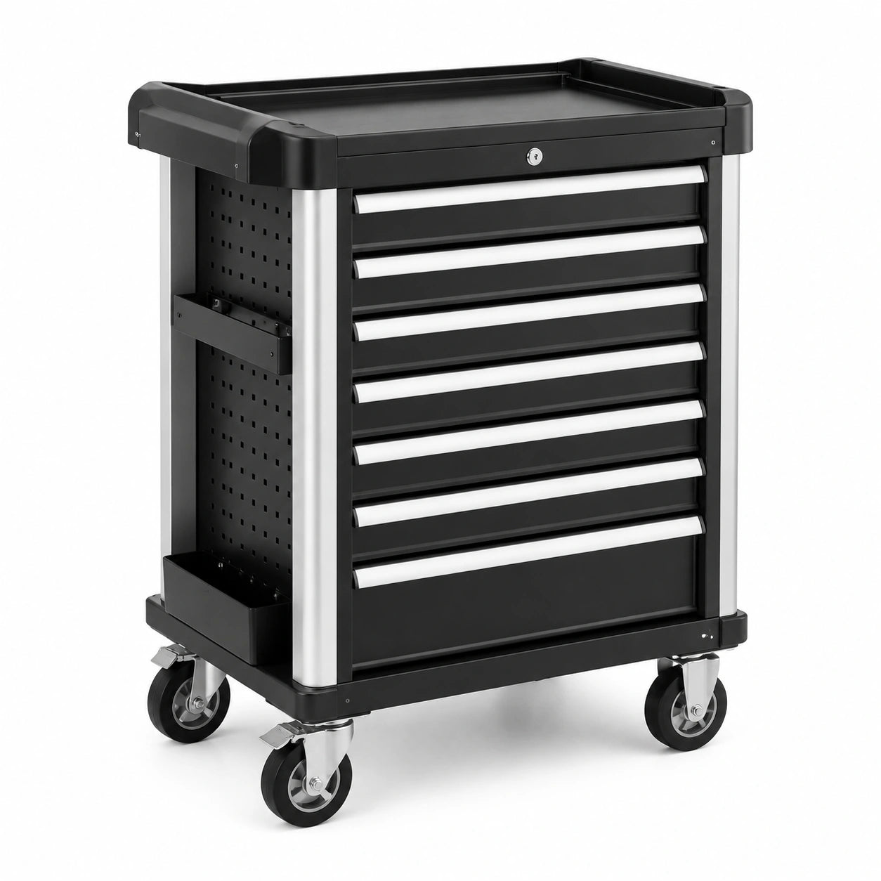 Carrello portautensili nero e argento 77 × 47 × 98 cm con 7 cassetti, serratura e 4 ruote