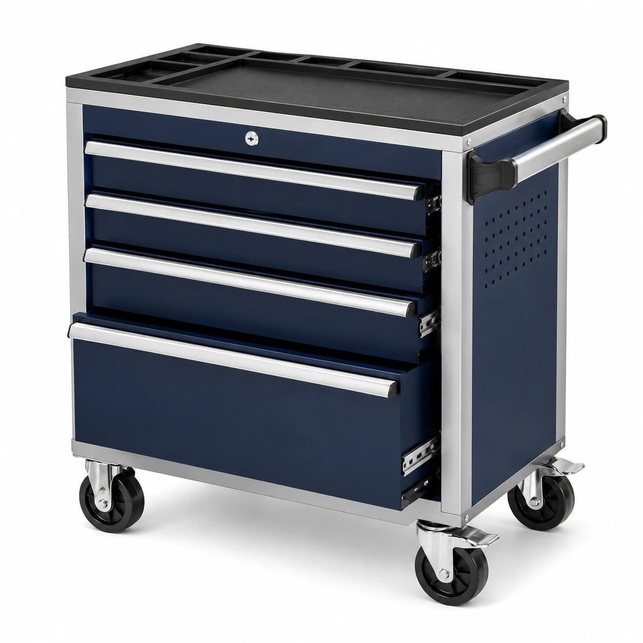 Carrello portautensili blu scuro, argento e nero, 77 × 47 × 89 cm, con 5 cassetti e ruote