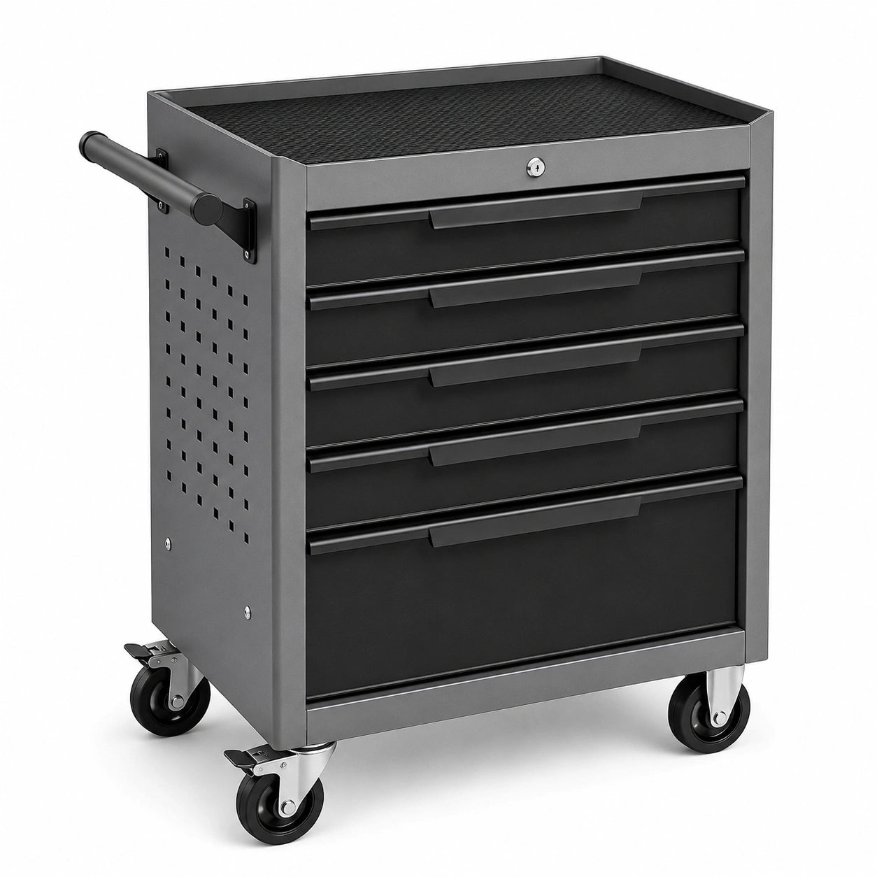 Carrello portautensili in acciaio grigio e nero 68 × 46 × 82 cm con 5 cassetti, 4 ruote e serratura