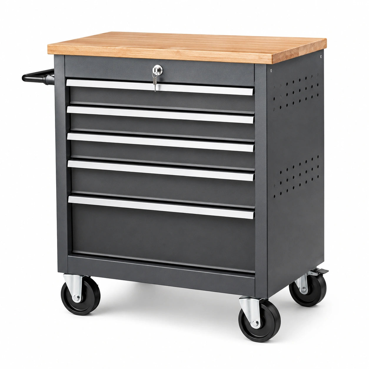 Carrello portautensili nero 71 × 46 × 88 cm con piano in legno, 5 cassetti, serratura e ruote