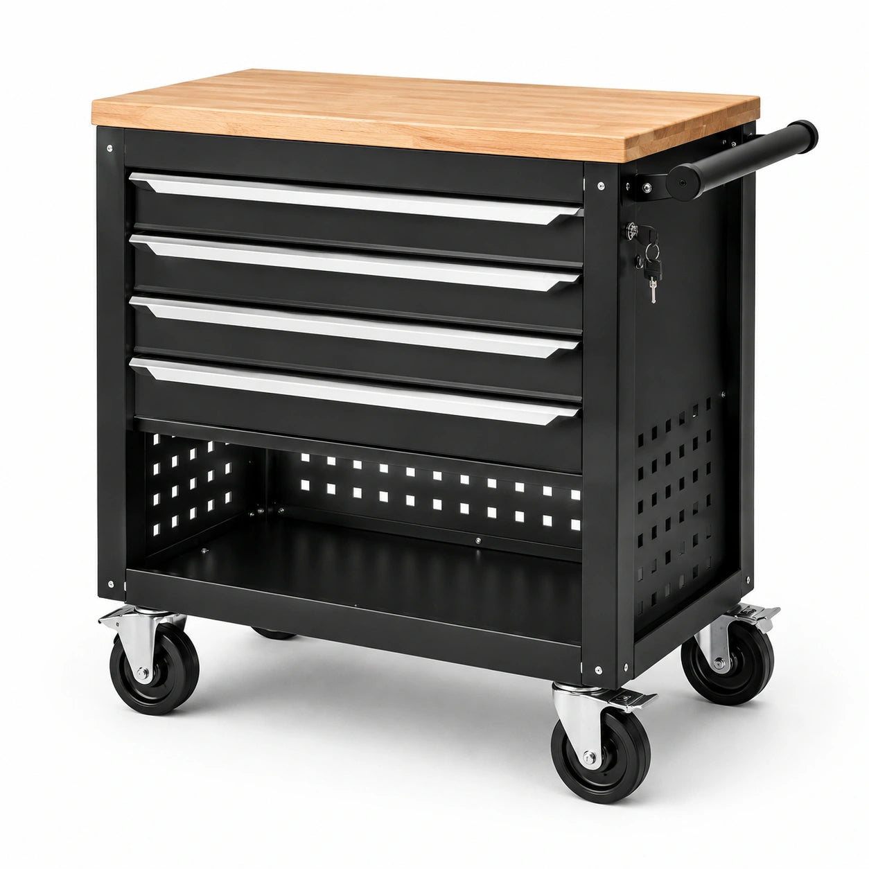 Carrello portautensili nero con dettagli argento e piano in legno chiaro, 4 cassetti con serratura, vano aperto e ruote, 74 × 46 × 91 cm