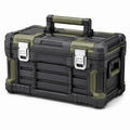 Cassetta portautensili rinforzata 55 × 35 × 32 cm, nera, verde oliva e argento, con chiusure metalliche