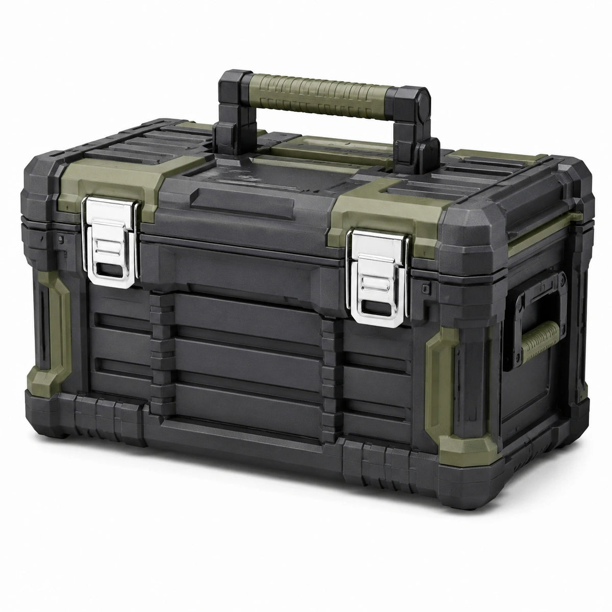 Cassetta portautensili rinforzata 55 × 35 × 32 cm, nera, verde oliva e argento, con chiusure metalliche