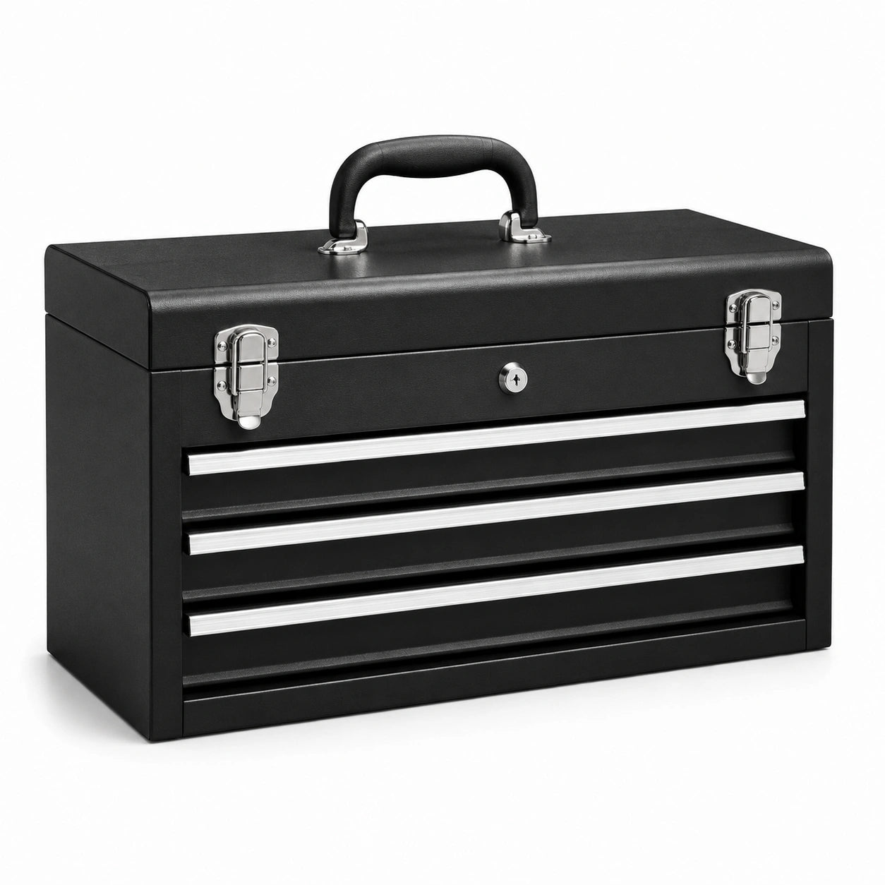 Cassetta portautensili in metallo nero e argento, 51 × 22 × 35 cm, con 3 cassetti e serratura