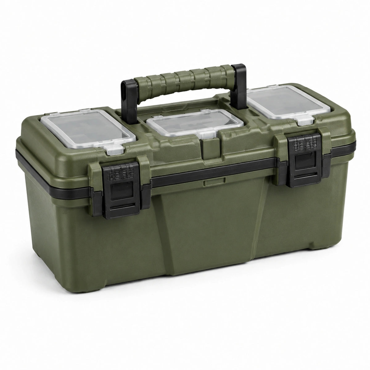 Cassetta portautensili verde oliva 50 × 26 × 25 cm con tre organizer integrati e doppia chiusura