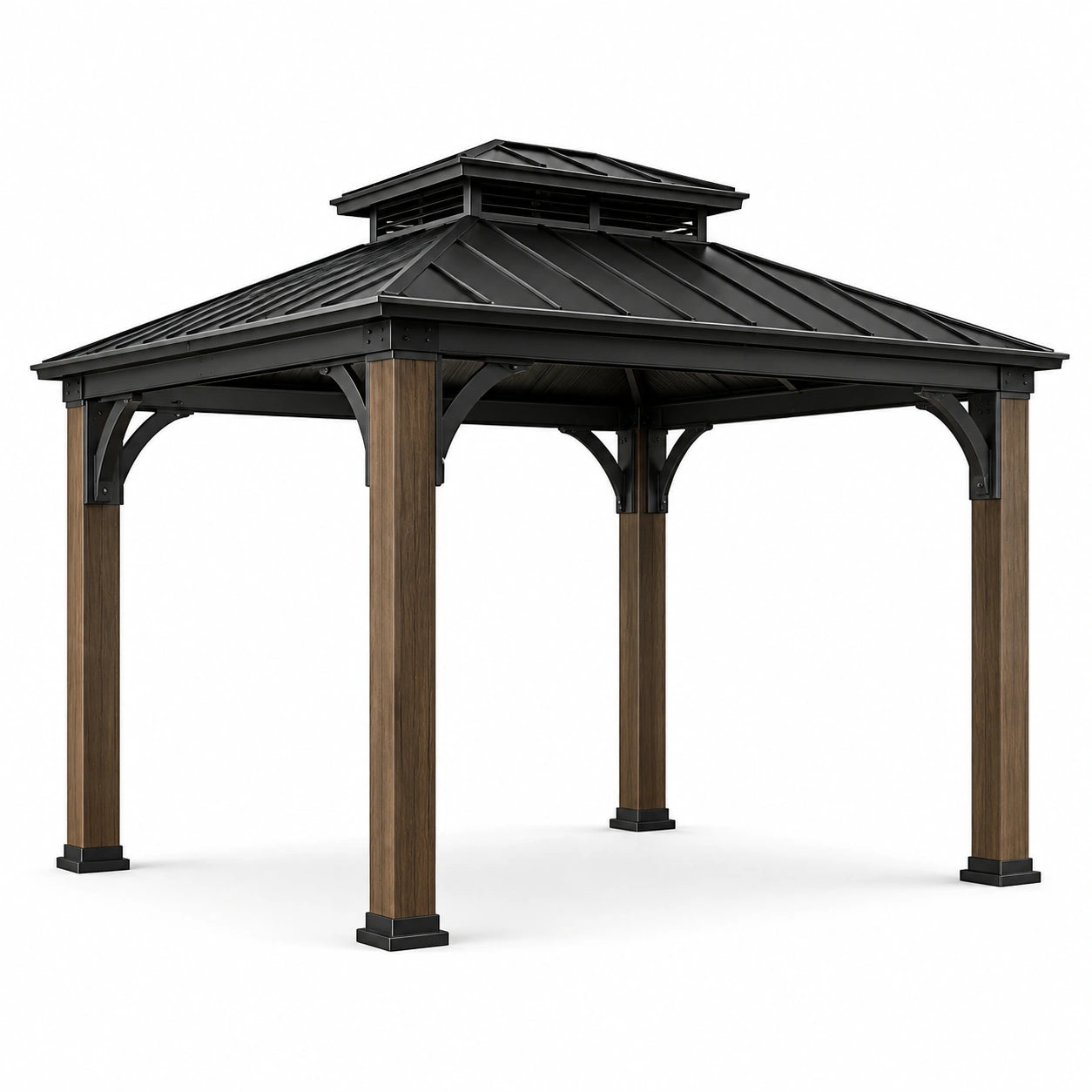 Gazebo da giardino 300 × 300 × 310 cm in legno e metallo nero e marrone con tetto rigido ventilato
