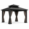 Gazebo da giardino 400 × 300 × 290 cm in metallo nero con tende tortora e tetto rigido a doppio livello