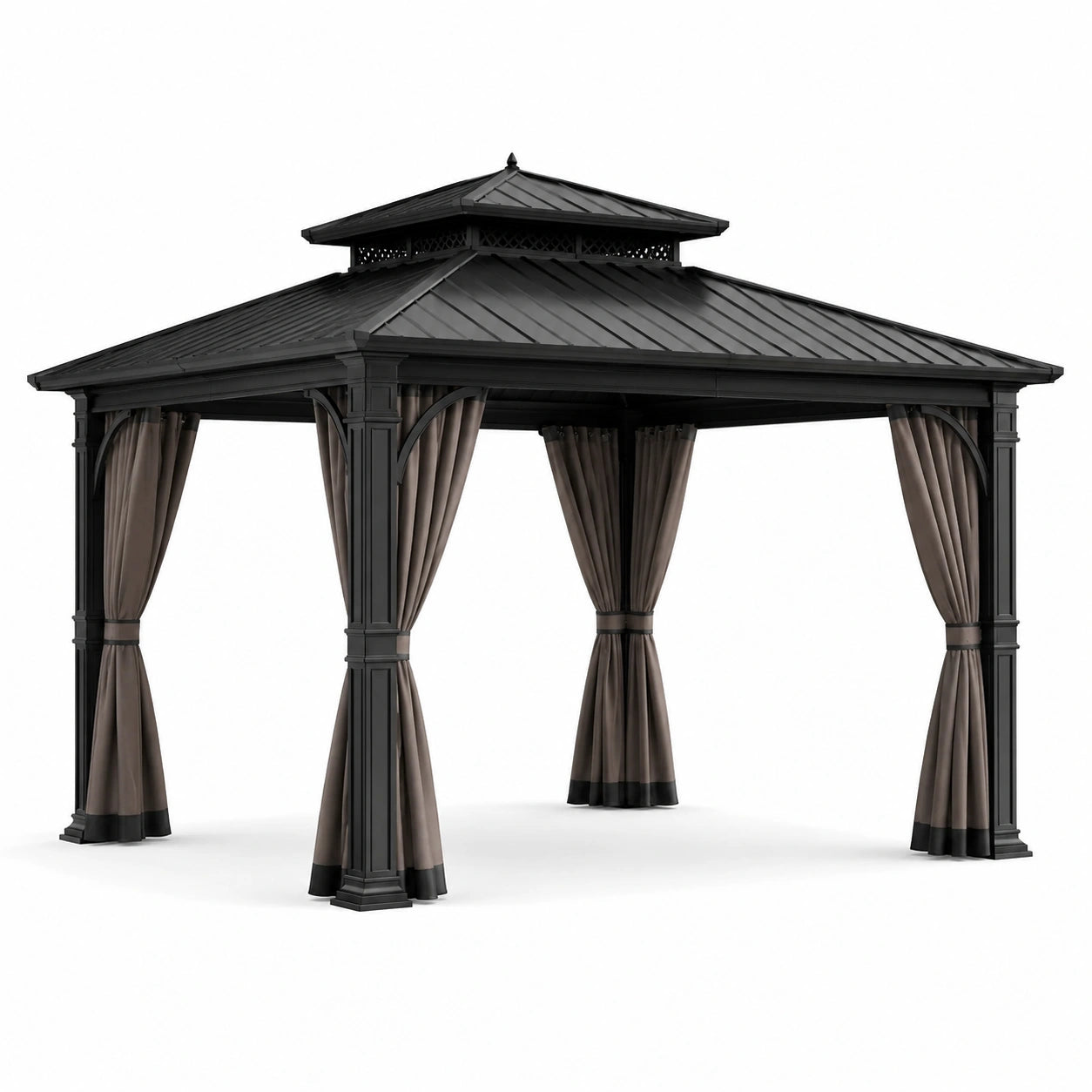 Gazebo da giardino 400 × 300 × 290 cm in metallo nero con tende tortora e tetto rigido a doppio livello