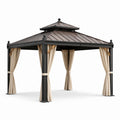 Gazebo da giardino 400 × 300 × 280 cm in metallo antracite con tetto rigido, tende beige e dettagli marroni