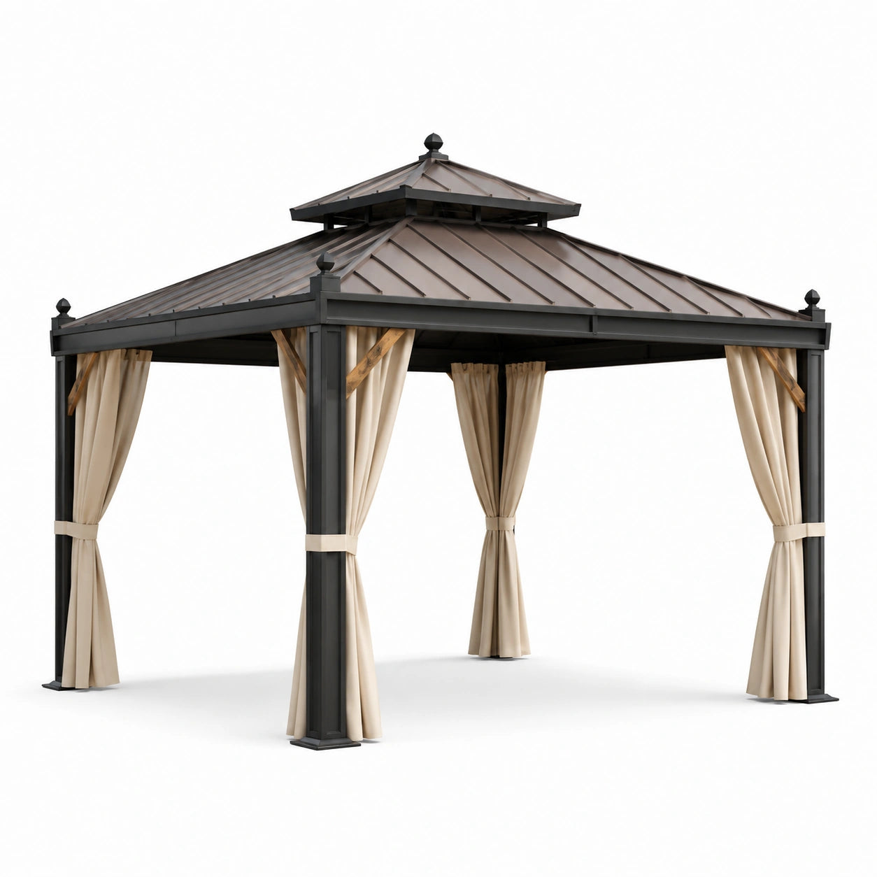 Gazebo da giardino 400 × 300 × 280 cm in metallo antracite con tetto rigido, tende beige e dettagli marroni
