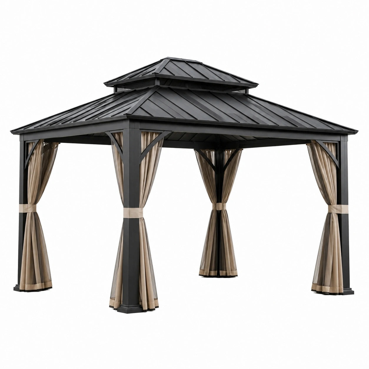 Gazebo da giardino antracite e beige 400 × 300 × 295 cm con tetto rigido e tende laterali