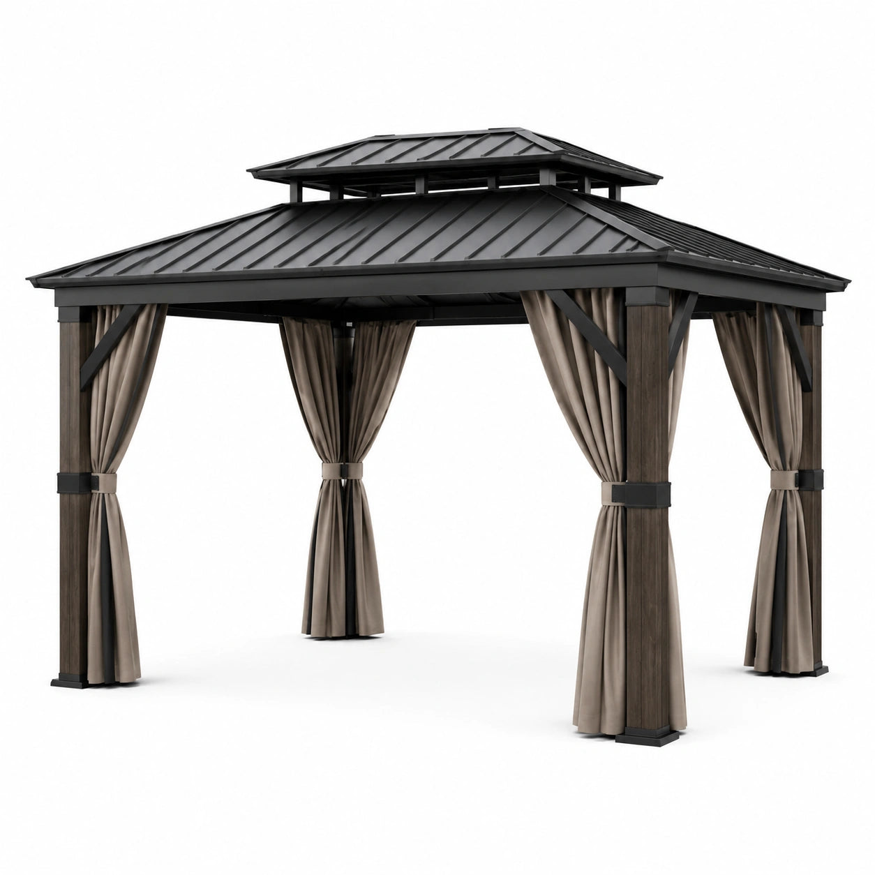 Gazebo da giardino 300 × 300 × 280 cm nero, marrone effetto legno e tortora con tetto rigido ventilato e tende laterali