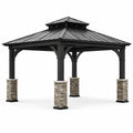 Gazebo da giardino in metallo nero con tetto rigido ventilato e basi effetto pietra, 430 × 365 × 320 cm