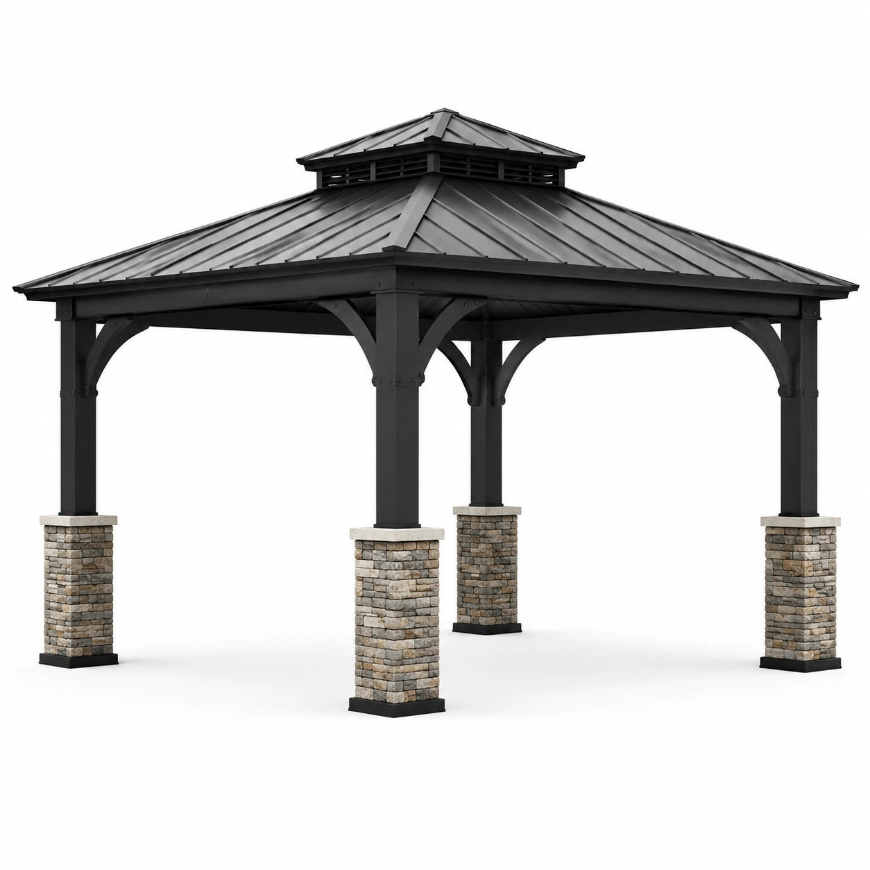 Gazebo da giardino in metallo nero con tetto rigido ventilato e basi effetto pietra, 430 × 365 × 320 cm