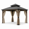 Gazebo da giardino marrone 600 × 365 × 310 cm con tetto rigido antracite e tende beige