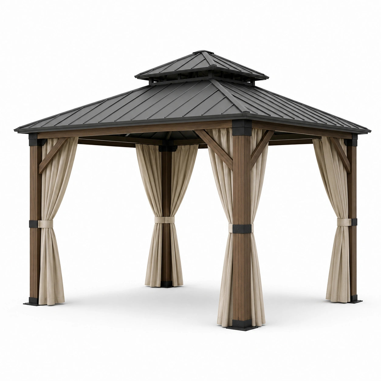 Gazebo da giardino marrone 600 × 365 × 310 cm con tetto rigido antracite e tende beige