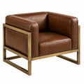Poltrona in similpelle marrone con struttura in metallo color ottone, 83 × 76 × 72 cm