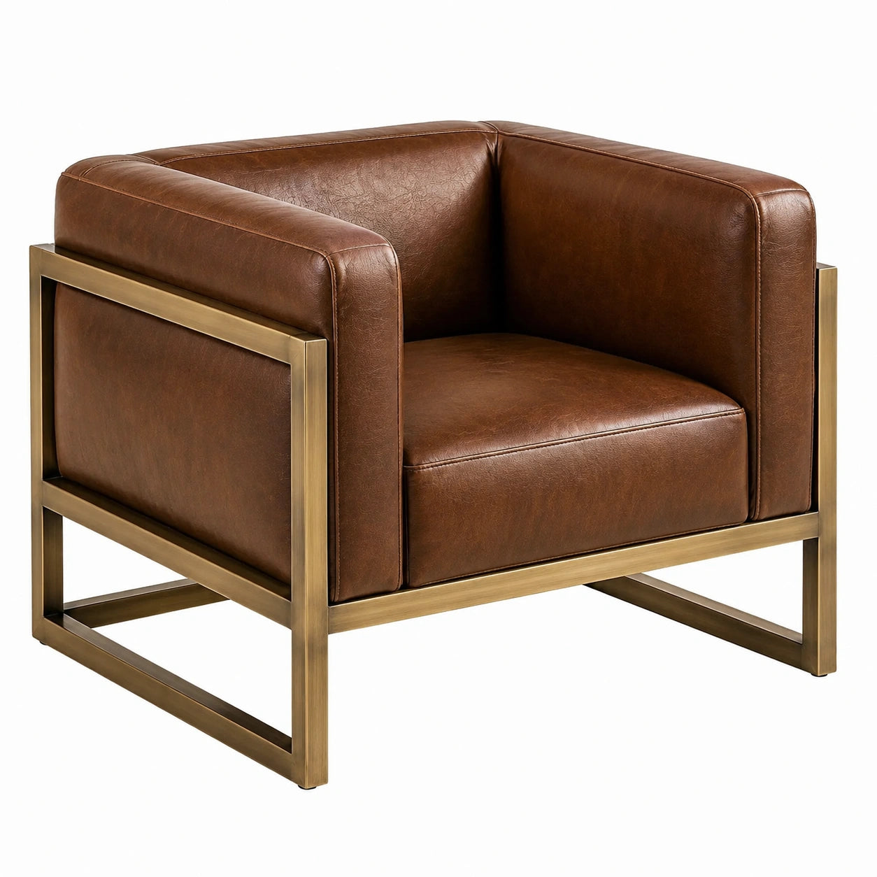 Poltrona in similpelle marrone con struttura in metallo color ottone, 83 × 76 × 72 cm