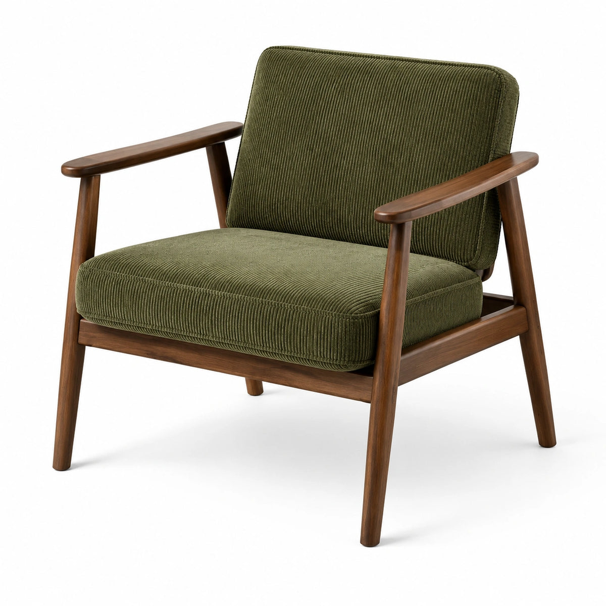 Poltrona retrò 75 × 80 × 82 cm in velluto a coste verde oliva e legno marrone con braccioli