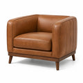 Poltrona moderna effetto pelle marrone cognac con base in legno marrone scuro, 95 × 86 × 78 cm