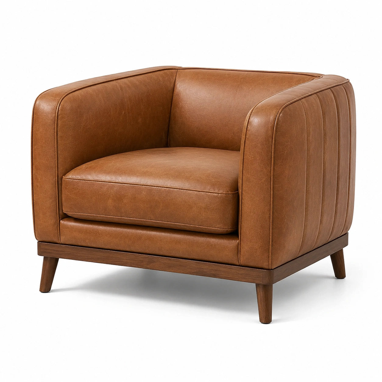 Poltrona moderna effetto pelle marrone cognac con base in legno marrone scuro, 95 × 86 × 78 cm
