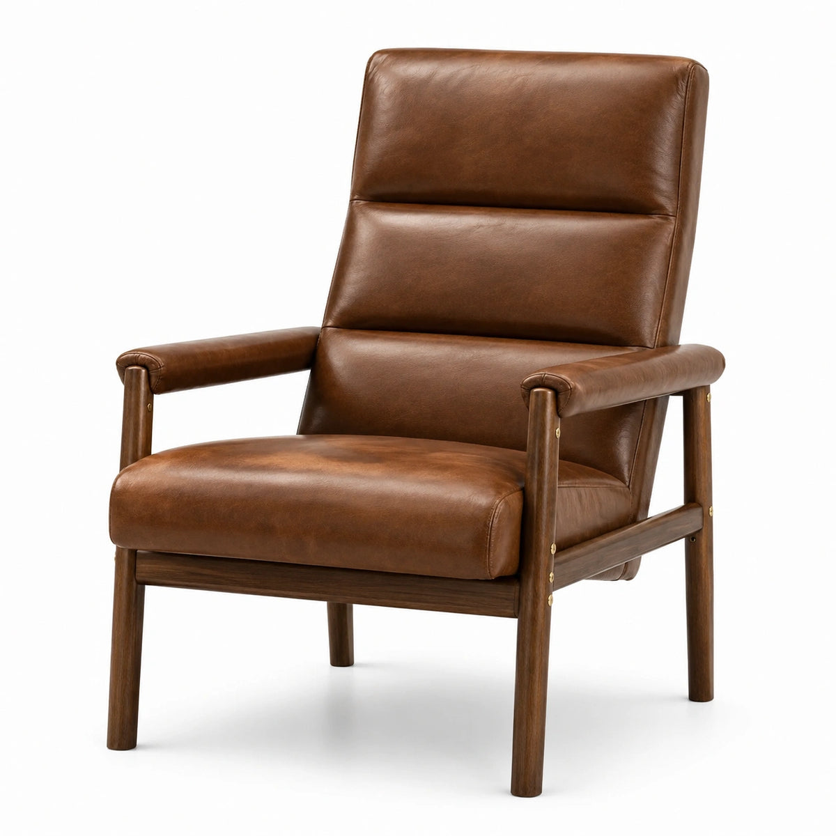 Poltrona vintage in similpelle marrone e legno con schienale alto, 72 × 82 × 98 cm
