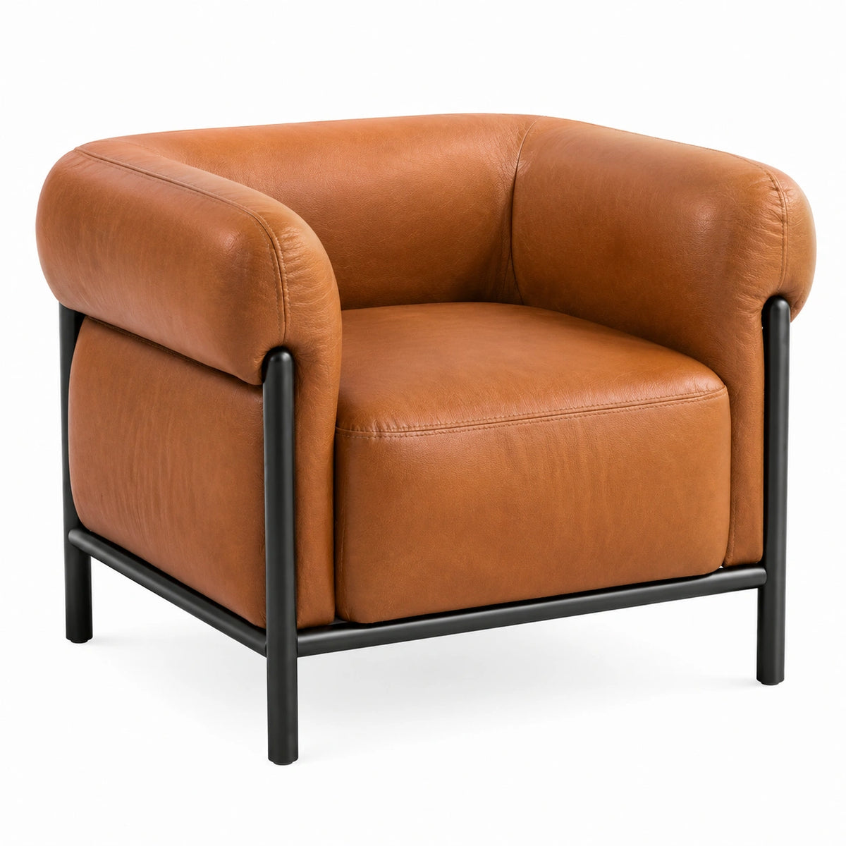 Poltrona moderna avvolgente 85 × 78 × 72 cm, marrone cognac con struttura in metallo nero
