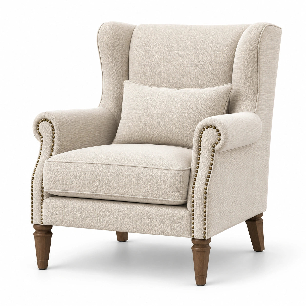Poltrona bergère classica beige con schienale alto e gambe in legno, 82 × 86 × 106 cm