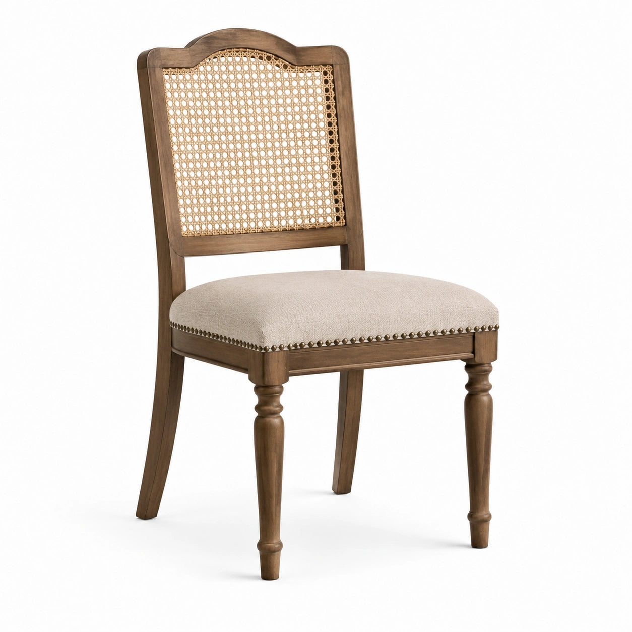 Sedia con struttura in legno marrone, seduta beige e schienale intrecciato, 50 × 58 × 96 cm