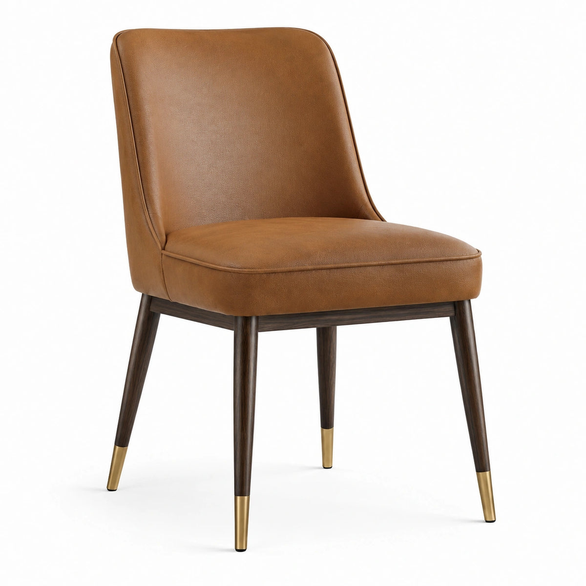 Sedia imbottita marrone effetto pelle con gambe in legno scuro e dettagli dorati, 52 × 58 × 83 cm