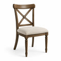 Sedia in legno marrone e tessuto beige con schienale a croce, 50 × 55 × 96 cm