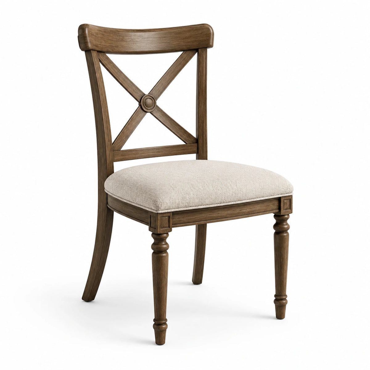 Sedia in legno marrone e tessuto beige con schienale a croce, 50 × 55 × 96 cm