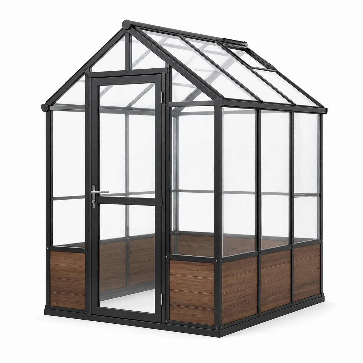 Serra da giardino 190 × 130 × 205 cm in alluminio nero, policarbonato trasparente e pannelli marroni con porta e finestra sul tetto