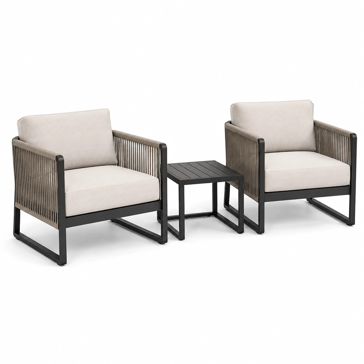 Set da giardino moderno 3 pezzi con 2 poltrone 74 × 76 × 78 cm e tavolino 45 × 45 × 45 cm, beige, tortora e nero